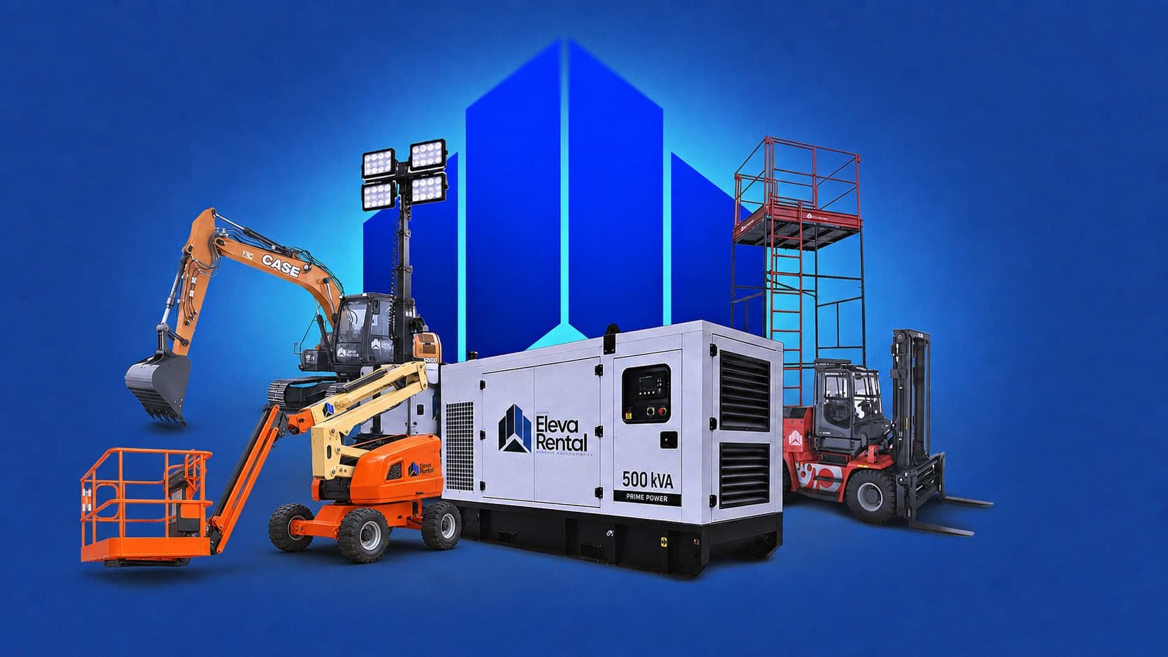 Frota do Grupo Eleva Rental: escavadeira, torre de iluminação, plataforma articulada, gerador de 500 kVA, andaime e empilhadeira