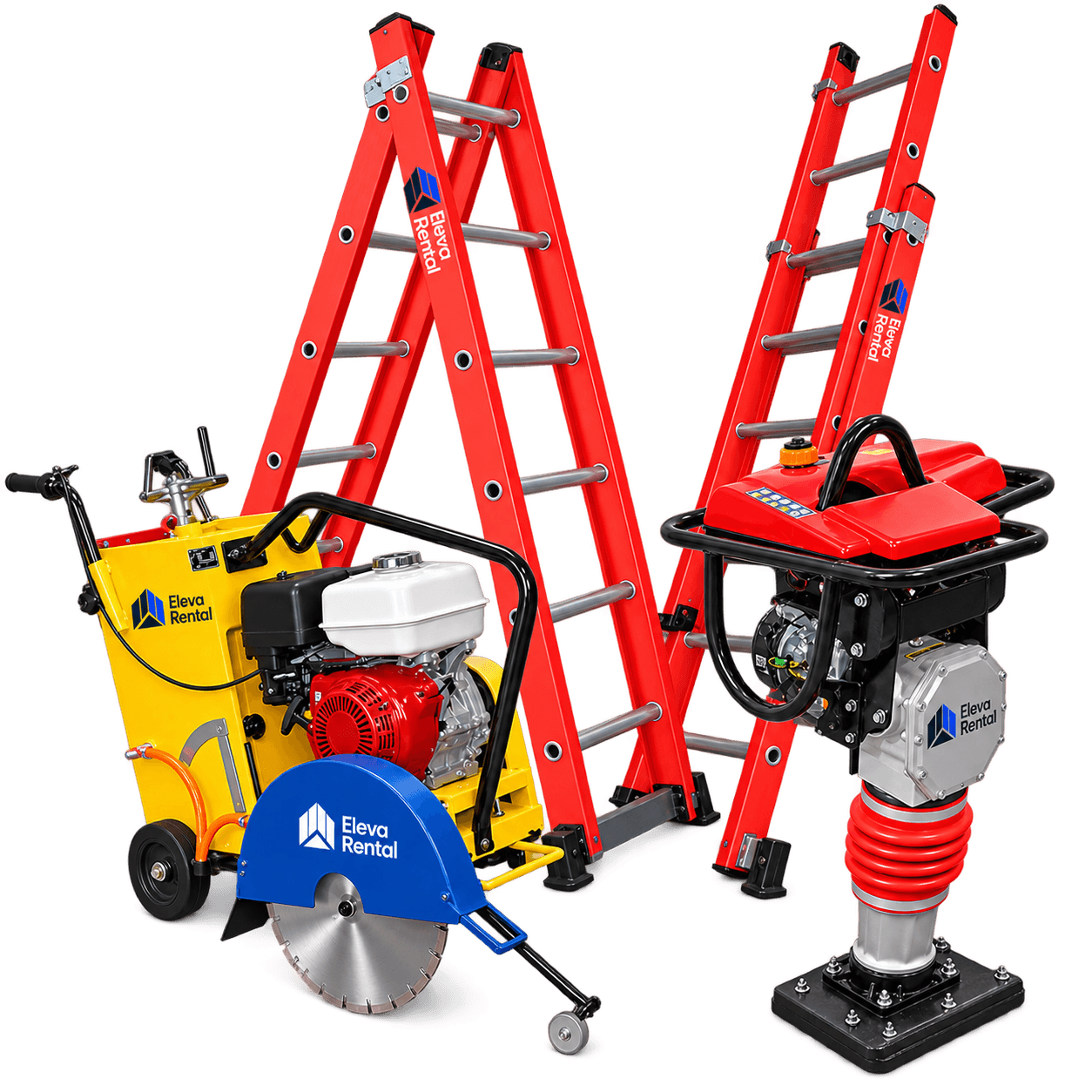 Mix de equipamentos da linha leve Grupo Eleva Rental com escadas, cortadora de piso e compactadores