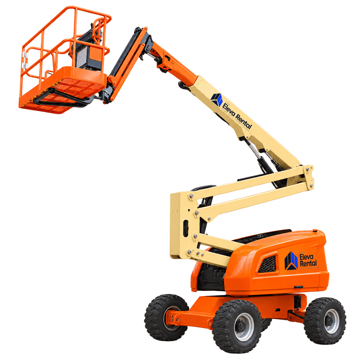 Plataforma elevatória articulada Grupo Eleva Rental com lança estendida