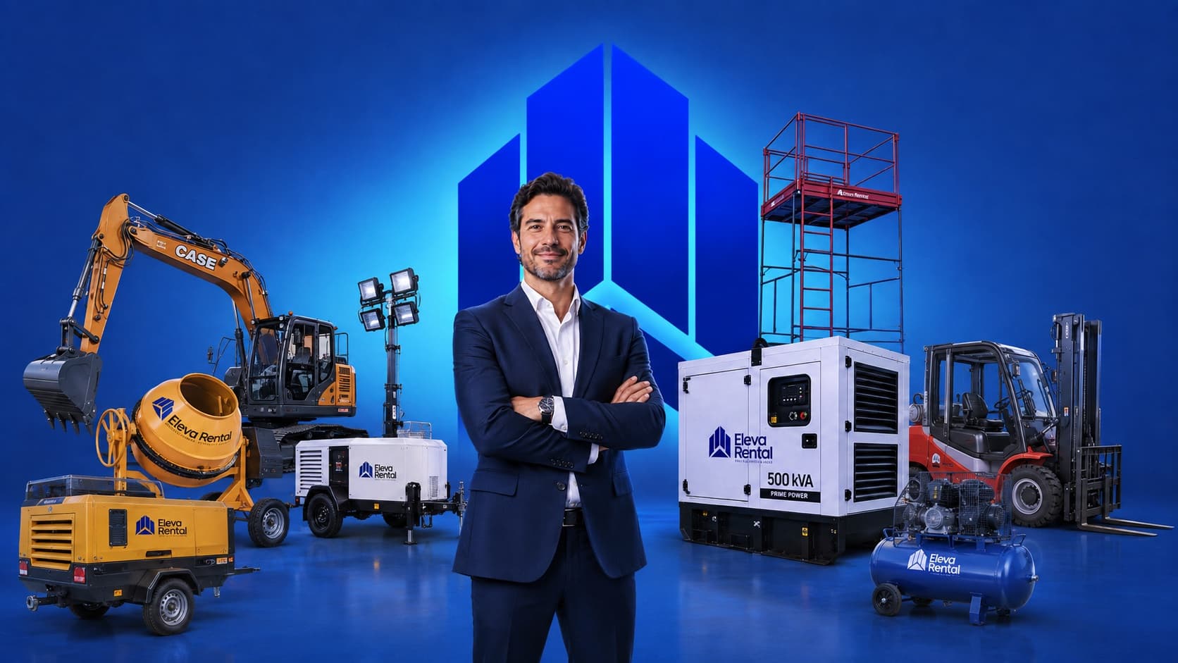Investidor de terno diante da frota Eleva Rental: escavadeira, betoneira, torre de iluminação, gerador, andaime e empilhadeira